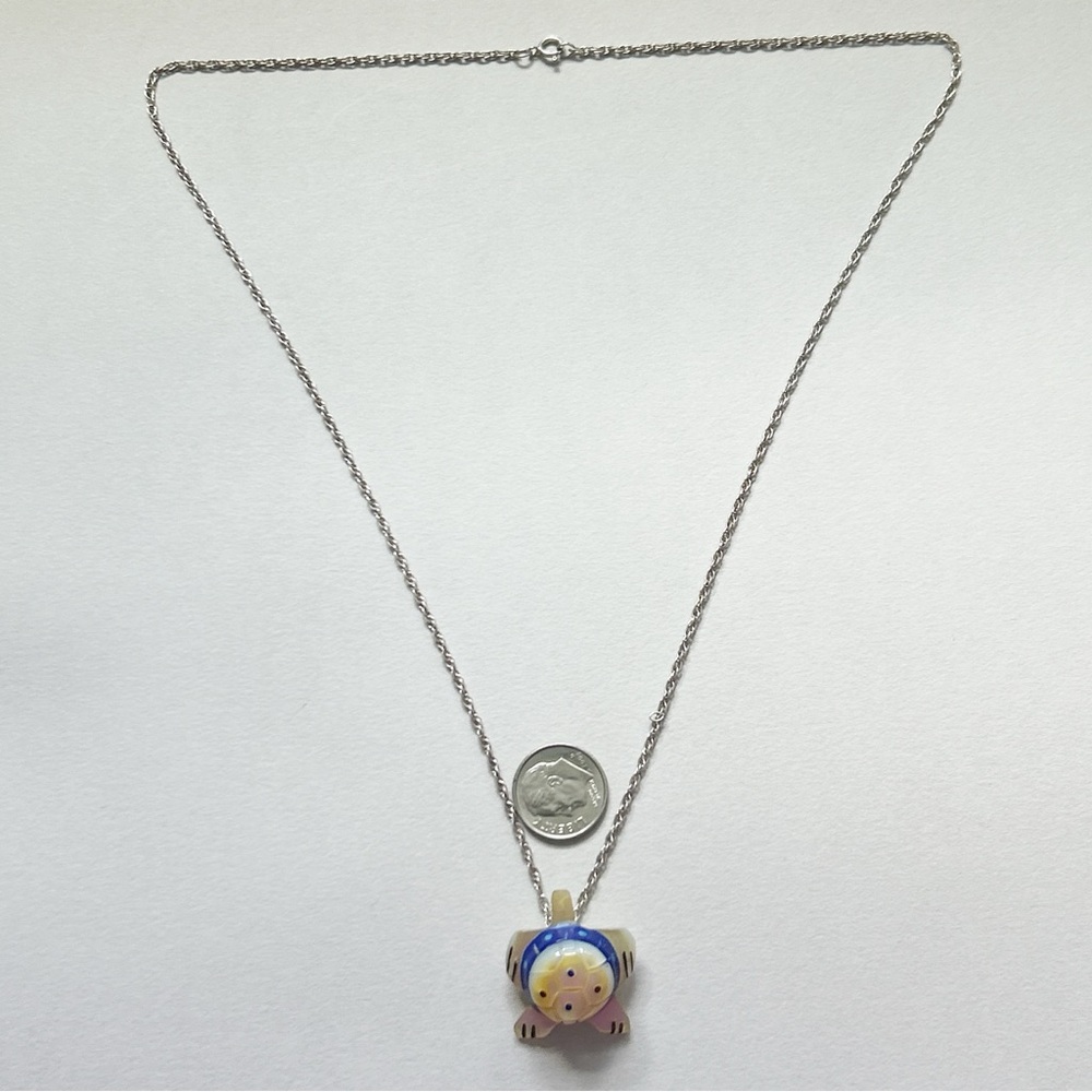 Vintage Southwestern Mother of Pearl Lapis Onyx Turtle Sterling Silver Necklace - Picture 7 of 9